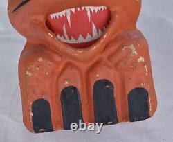 Vintage Style Halloween Paper Mache Orange Scary Cat Jack O Lanterns Set of 2