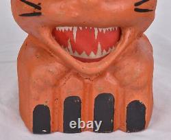 Vintage Style Halloween Paper Mache Orange Scary Cat Jack O Lanterns Set of 2