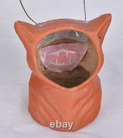 Vintage Style Halloween Paper Mache Orange Scary Cat Jack O Lanterns Set of 2