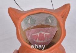 Vintage Style Halloween Paper Mache Orange Scary Cat Jack O Lanterns Set of 2