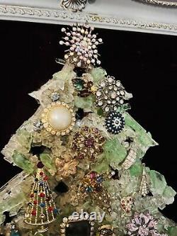 Vintage Uranium Glass Vintage Jewelry Christmas Tree Picture on Burgandy Velvet