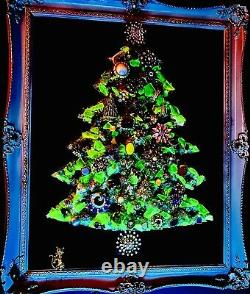 Vintage Uranium Glass Vintage Jewelry Christmas Tree Picture on Burgandy Velvet