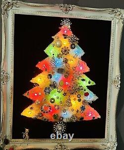 Vintage Uranium Glass Vintage Jewelry Christmas Tree Picture on Burgandy Velvet