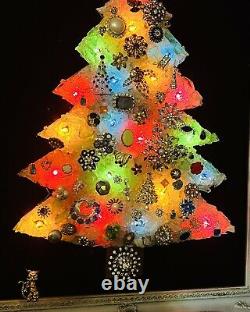 Vintage Uranium Glass Vintage Jewelry Christmas Tree Picture on Burgandy Velvet