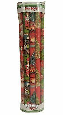 Vintage Wrapping Paper Christmas Santa Children Tree Ornament Bell Red Green (8)