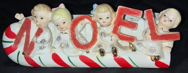 Vintage!'napco' Ceramic Christmas Planter Noel Kids On Candy Cane