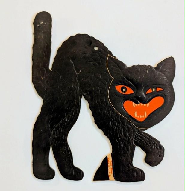 Vtg 1930s Beistle Halloween Black Cat Die Cut Heavily Emboss, Excellent
