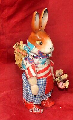 Vtg 1950's German Windup Composition Easter Bunny Candy Container 6.5 Works