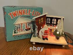 Vtg 50's Christmas Electric Twinkle Lite Putz House with Bisque Santa + BOX