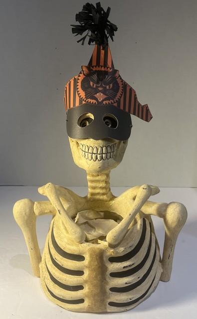 Vtg Bethany Lowe Halloween Skeleton Candy Container Paper Mache Retired -read