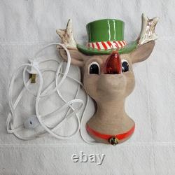 Vtg Ceramic Rudolph Red Nose Reindeer Wall Light Up Lamp Christmas RARE 7x6 MCM