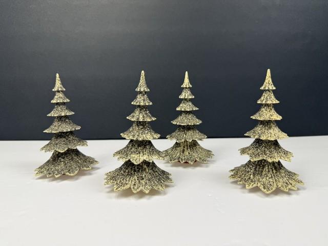 Vtg Christmas Putz Village Trees Hard Plastic Mica Glitter West Germany Set Of 4