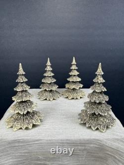 Vtg Christmas Putz Village Trees Hard Plastic Mica Glitter West Germany Set Of 4