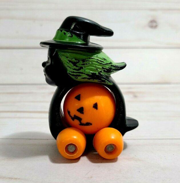 Vtg Fun World Plastic 3 Halloween Witch Wheels Rolling Jack O'lantern Pumpkin