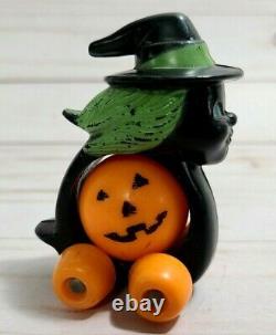 Vtg Fun World Plastic 3 Halloween Witch Wheels Rolling Jack O'Lantern Pumpkin