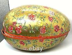 Vtg Germany Golden Paper Mache Red yellow Pink Rose Floral Egg 13 X-large