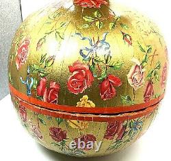 Vtg Germany Golden Paper Mache Red yellow Pink Rose Floral Egg 13 X-large