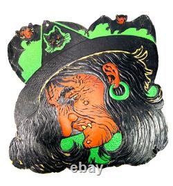 Vtg Halloween 30s 40s BEISTLE embossed diecut LARGE witch black cat bats
