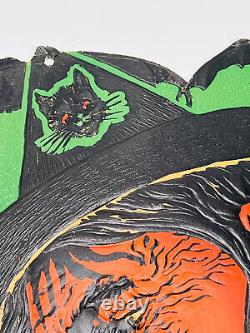 Vtg Halloween 30s 40s BEISTLE embossed diecut LARGE witch black cat bats