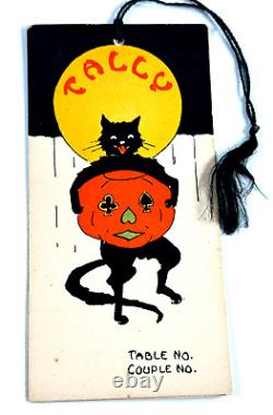 Vtg Halloween Black Cat Bridge Tally Card Tag pumpkin moon fence Gibson