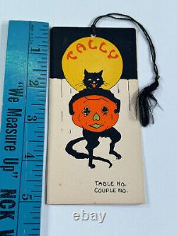 Vtg Halloween Black Cat Bridge Tally Card Tag pumpkin moon fence Gibson
