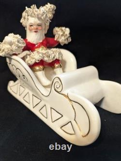 Vtg Johanna Calif Sitting Santa Spaghetti Trim 22k Gold withSleigh & Reindeer RARE