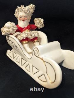 Vtg Johanna Calif Sitting Santa Spaghetti Trim 22k Gold withSleigh & Reindeer RARE