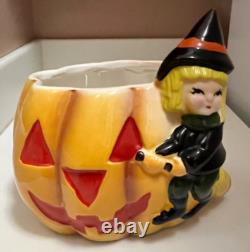 Vtg Relpo Halloween Witch Pumpkin Jack O' Lantern Planter Nancy Pew MCM T13025