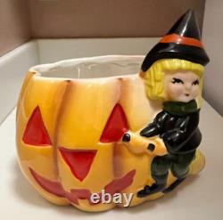 Vtg Relpo Halloween Witch Pumpkin Jack O' Lantern Planter Nancy Pew MCM T13025