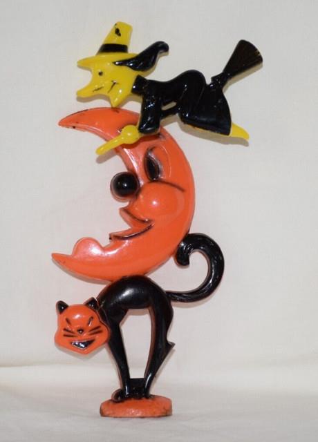 Vtg Rosbro Hard Plastic Halloween Spring Springy Witch Moon Black Cat As Is