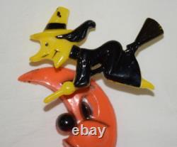 Vtg Rosbro Hard Plastic Halloween Spring Springy Witch Moon Black Cat As Is