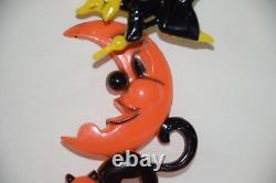 Vtg Rosbro Hard Plastic Halloween Spring Springy Witch Moon Black Cat As Is