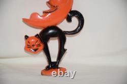 Vtg Rosbro Hard Plastic Halloween Spring Springy Witch Moon Black Cat As Is