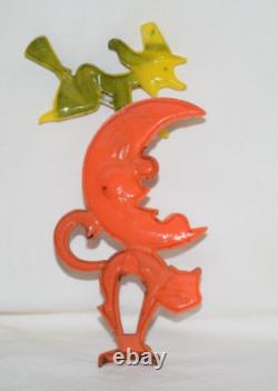 Vtg Rosbro Hard Plastic Halloween Spring Springy Witch Moon Black Cat As Is