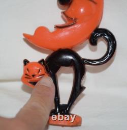 Vtg Rosbro Hard Plastic Halloween Spring Springy Witch Moon Black Cat As Is