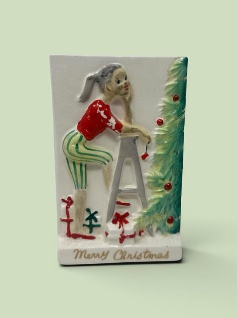 Vtg Ucagco 1950's Girl Decorating Christmas Tree Ceramic Vase Japan