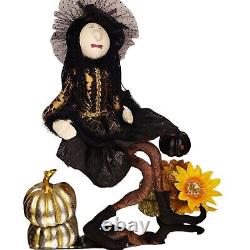 WINNIE WITCH 34 Shelf Sitter Doll Gold Black Brocade Dress Tulle Roses Hallowee