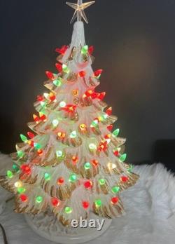White /gold Ceremic Xmas Tree Hand Painted 17 Without Star 18.5 With VTG 1981
