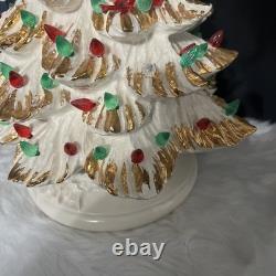 White /gold Ceremic Xmas Tree Hand Painted 17 Without Star 18.5 With VTG 1981
