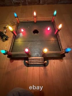 Wood Christmas Tree Stand Fence Lighted Base Display Lights Firemen Fence Rare