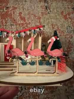 World Market Laser Cut Wood MCM House LED Flamingo Cat Red Door